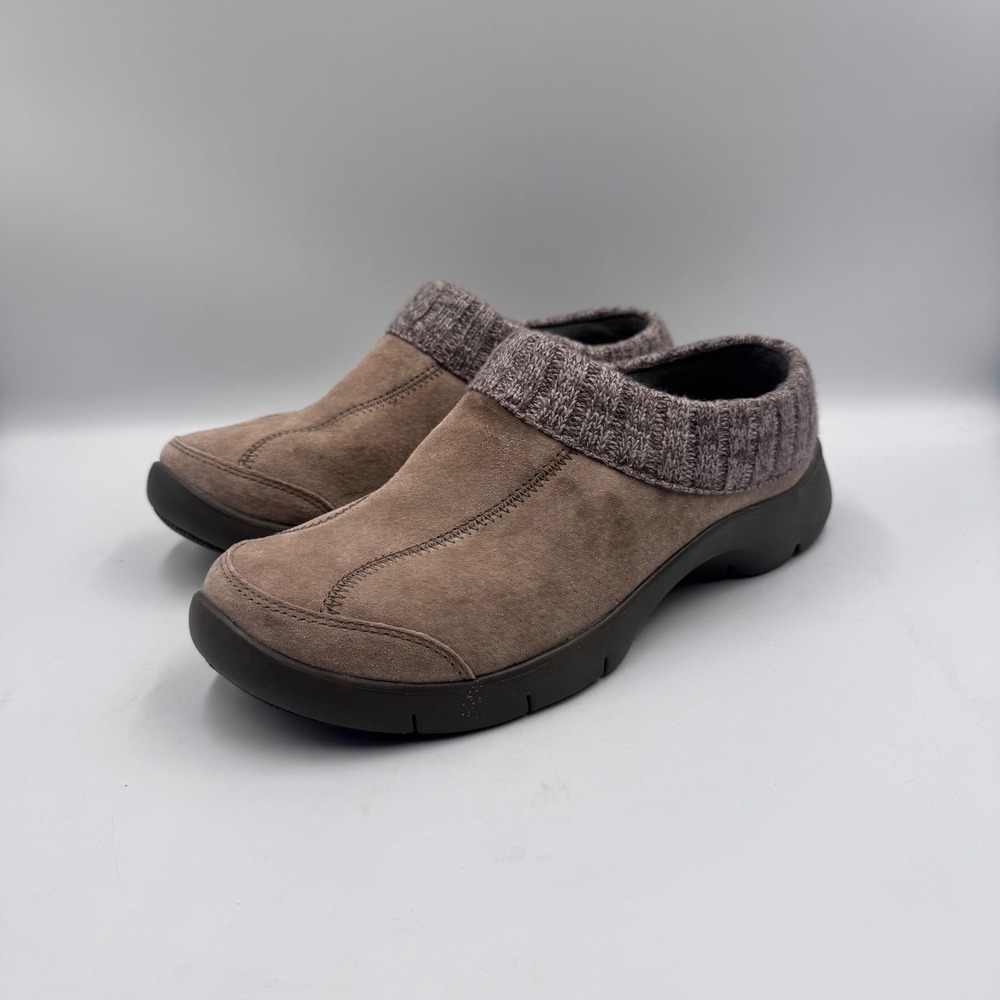 Dansko Suede Leather Clogs Knit Collar Slip Resistant Mules Taupe Brown Size 38